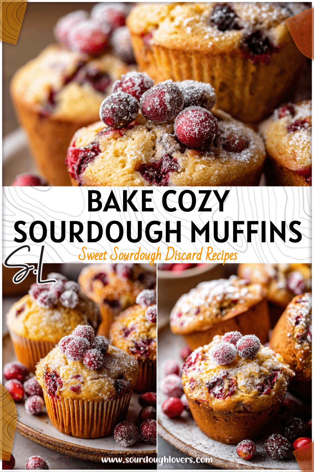 Golden cranberry orange sourdough muffins topped with sugared cranberries on a rustic plate.